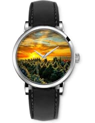 SPRAWL Aanalog Fashion Series Silver Ladies Watches of Genuine Black Leather Strap,Unique Wrist Watch for Women Girls Designed with The city of pines