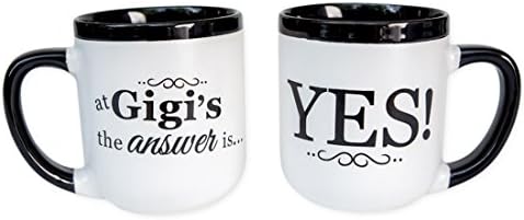 At Gigis the Answer is Yes Black and White 16 ounce Ceramic Coffee Mug