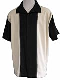 Mens Retro Bowling Shirt Retro Classic Solid Panel (XL, Black)