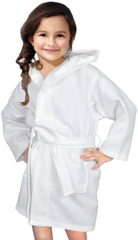 Pure Linen Turkish Waffle Hooded Style Kids Unisex Bathrobe, 100% Pure Turkish Cotton, for Boys and Girls, Made in Turkey, White, Large