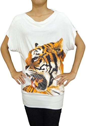 Stylish Trendy Women's/Ladies Batwing/Baggy Tiger Print Stretchy Top/ T Shirt Top (S/M (6-8), White)