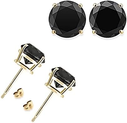 3.00 Carat 7 MM Round Black CZ 925 Sterling Silver Yellow Gold Plated Women Unisex Stud Pair Earring
