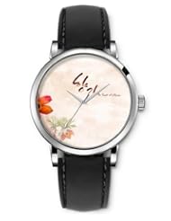 SPRAWL Aanalog Fashion Series Silver Ladies Watches of Genuine Black Leather Strap,Unique Wrist Watch for Women Girls Designed with Beige background with orange flowers