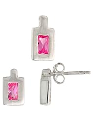 Sterling Silver Matte-finish Rectangular Earrings (9mm tall) & Pendant (11mm tall) Set, w/ Emerald Cut Pink Tourmaline-colored CZ Stones