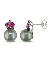 10k White Gold 9-9.5 MM Tahitian Cultured Pearl, Created Ruby and Black Accent Diamond Earrings (0.34 Cttw)