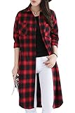 【Firefly Shop】 シャツ ワンピース コットン ロングシャツ シャツワンピ オーバーチェック チェック柄 長袖 前開き 秋 冬 小さいサイズ 大きいサイズ (XL, レッド)