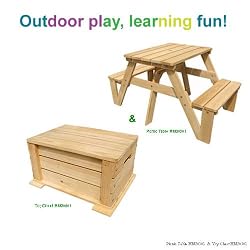 13765-Lohasrus Kids Picnic Table MM20301 + Toy Chest MM20501 - Unfinished Fir, Indoor / Outdoor, for Ages 2 to 6, Outdoor play, learning fun!