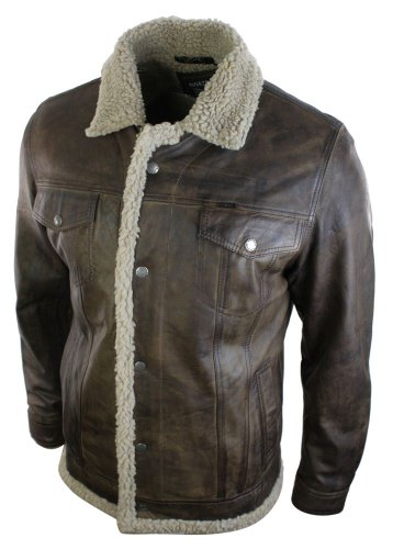 Mens Retro Vintage Fleece Fur Lined Warm Brown Real Leather Aviator Flying Jacket Bestseller