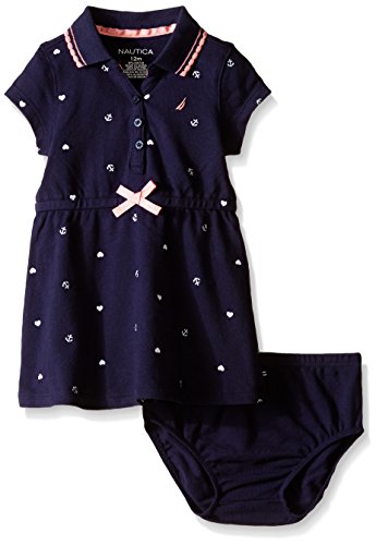 Nautica Baby Printed Pique Dress with Flat Knit Collar, Navy, 18 Months