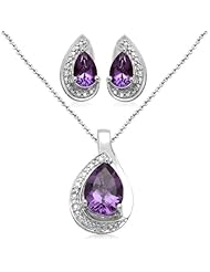 Sterling Silver Pear Amethyst and Diamond Ring, Pendant Necklace, Earrings Box Set, Size 7