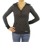 Womens Billabong black pullover hoodie fleece. Very high quality skate, surf brand name pullover sweater with a button front closure from chest, front kangaroo pouch, subtle geometric pattern design all over and small logo embroidered on the front of the top. Great authentic sweatshirt to match with various casual styles.(Size 8 - 45936-45937)