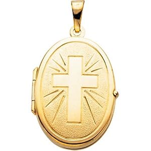 14K Yellow Gold Oval Locket with Cross - 22.00x17.00mm