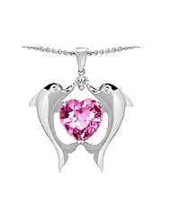 Original Star K (tm) Kissing Love Dolphins Pendant With 8mm Heart Shape Created Pink Sapphire in .925 Sterling Silver