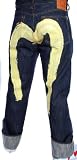 Evisu - EVISU Jeans Genes Daicock Mens Classic Button Fly Selvedge Denim Hand Painted Dark Blue/Yellow
