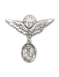 Sterling Silver Baby Badge with St. Fiacre Charm and Angel with Wings Badge Pin
