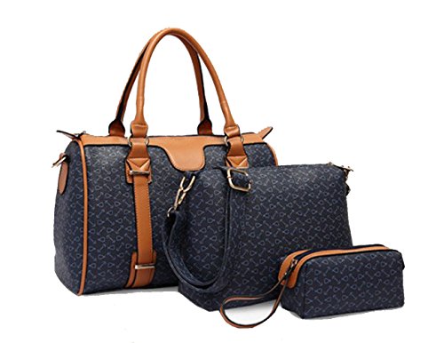 ETrade Women 3 Piece Tote Bag Pu Leather Handbag Clutches Purse Bags - Blue