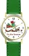 Cat Sleeping Near Presents - Tis the Season - Cat Cartoon or Comic - JP Animal - WATCHBUDDY&reg; DELUXE TWO-TONE THEME WATCH - Arabic Numbers - Green Leather Strap-Size-Large ( Men's Size or Jumbo Women's Size )