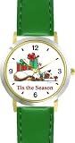 Cat Sleeping Near Presents - Tis the Season - Cat Cartoon or Comic - JP Animal - WATCHBUDDY&reg; DELUXE TWO-TONE THEME WATCH - Arabic Numbers - Green Leather Strap-Size-Large ( Men's Size or Jumbo Women's Size )