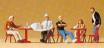 Guest (5) in Caf?? Sitting & Standing w/Tables & Chairs HO Scale Preiser Models
