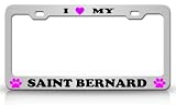 I LOVE MY SAINT BERNARD Dog Pet Animal High Quality STEEL /METAL Auto License Plate Frame, Chrome/Blk/Pink