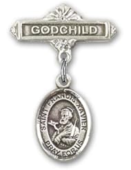 Sterling Silver Baby Badge with St. Francis Xavier Charm and Godchild Badge Pin