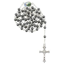 Hematite Link Rosary with St. Jude Image Centerpiece - 28'' Necklace - 19'' Overall Length - 6mm Beads