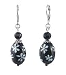 Earrings - E180 - Glass Oval Flower Drops hung on Silver Tone Leverbacks ~ Black and White