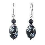 Earrings - E180 - Glass Oval Flower Drops hung on Silver Tone Leverbacks ~ Black and White