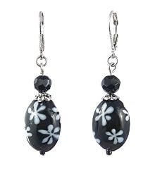Earrings - E180 - Glass Oval Flower Drops hung on Silver Tone Leverbacks ~ Black and White