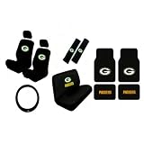 15 Piece NFL Auto Interior Gift Set - Green Bay Packers - A Set of 2 Seat Covers, 1 Rear Bench Cover, 1 Steering Wheel, A Set of 2 Seat Belt Pads, and A Set of 4 Plush Carpet Floor Mats
