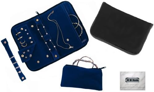 Anti-Tarnish Jewelry Organizer (Black) with Removable Ring Stub, Earring Pad, Inner Bracelet Pouch, Secure-Snap Loop for Necklaces & Large Pocket for Loop Earrings + DB Roth 100% Cotton Flannel All-in-one Jewelry Cleaning Cloth