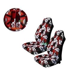 - 	 Universal-fit Hawaiian Hibiscus Floral Print Front Bucket Seat Cover, Steering Wheel Cover and Shoulder Harness Pressure Relief Cover - Red