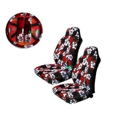 Universal-fit Hawaiian Hibiscus Floral Print Front Bucket Seat Cover, Steering Wheel Cover and Shoulder Harness Pressure Relief Cover - Red