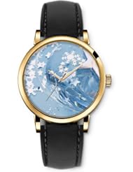 SPRAWL Aanalog Fashion Series Gold Ladies Watches of Genuine Black Leather Strap,Unique Wrist Watch for Women Girls Designed with Stars and snowflakes