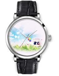 SPRAWL Aanalog Fashion Series Silver Ladies Watches of Genuine Black Leather Strap,Unique Wrist Watch for Women Girls Designed with Bunnies in grass