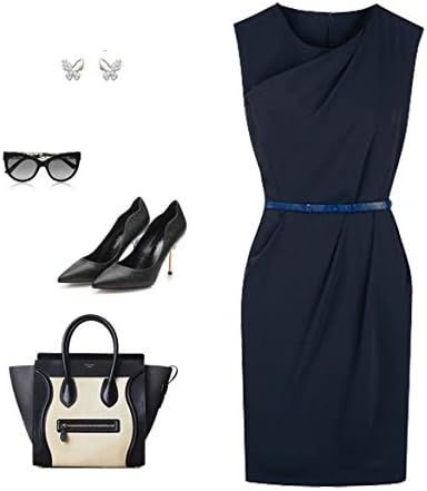 OURS Women's Elegant Sleeveless Work Sheath Dress Side Ruched (L, Blue)