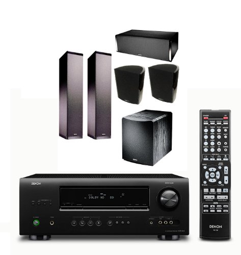 Denon AVR-1312 5.1-channel home theater receiver with two Definitive Technology BP6 Tower Loudspeakers and a Definitive Technology C/L/R 2002 Speaker and two Definitive Technology ProMonitor 800 Bookshelf Speakers and a Definitive Technology Pro Sub 60 8