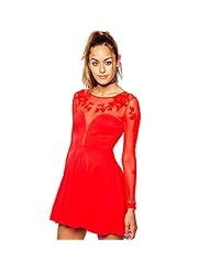 Mesh Embroidered Polyester/Spandex Plunging Neck Skater Dress 