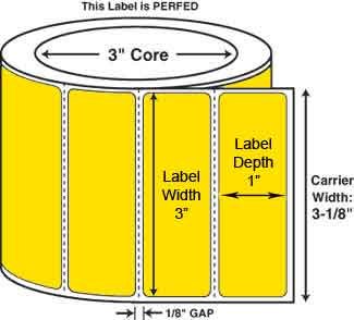LabelRack 3" x 1" Floodcoated Thermal Transfer Labels with 8" O.D. Perfed Each, Wound Out, 3" Core, 5500 Labels/Roll, 8 Rolls/Case - Yellow
