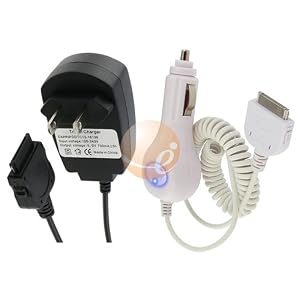 WHITE Rapid Car Charger w/ Blue LED light + Black AC Wall Charger for Apple iPad / iPhone / iPhone 3G 8GB / 16GB / iPod Touch Gen2 / iPod Nano Gen4 / iPod Classic 120GB