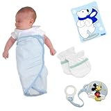 The First Years 2 Pack Swaddler Blue with 2 Pack No Scratch Mitts, First Aid Cold Pack and Mickey Pacifier Attachment Baby Bundle