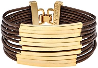 Brown Multi Strand Leather Cuff Bracelet with 10 Gold Plated Tubes