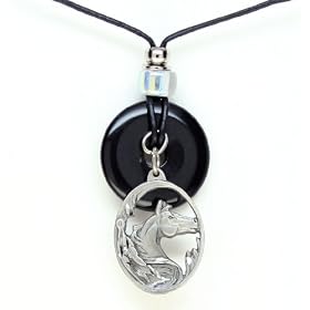 Onyx and Diamond Cut Pewter Pendant Necklace - Horse