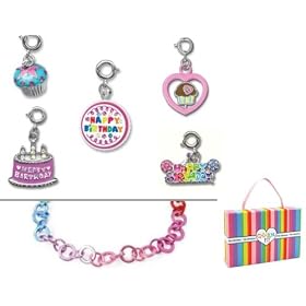 CHARM IT© Happy Birthday & Cupcake Themed Set of 5 Charms & Pink Link Bracelet Set in Keepsake Jewelry Gift Box!