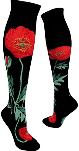 ModSock Womens Bold Poppies Knee Socks 6-10 Black