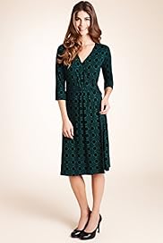 Crossover V Neck Spirograph Print Pleated Dress
