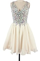 Sexy A-line V-neck Crystal Chiffon/Tulle Short Evening Dress/Homecoming Dress/Prom Dress/Quinceanera Dress/Wedding Party Dress 