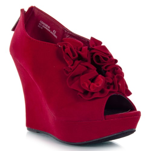 Bamboo Ceasar-81 Ruffle Peep-toe Wedge Bootie
