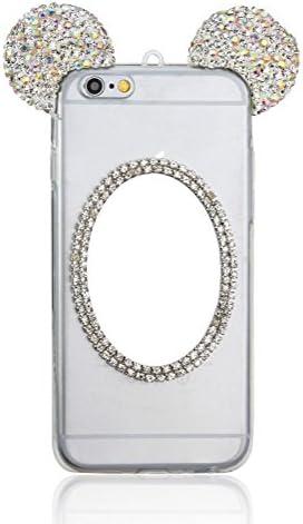 iPhone 6/6s Plus Case Cover ,3D Mickey Mouse Ears Bling Crystals handcraft Luxury rhinestone case cover with Minnie Bling Mirror + Neck Strap for iPhone 6/6s Plus 5.5" (m-Sliver)