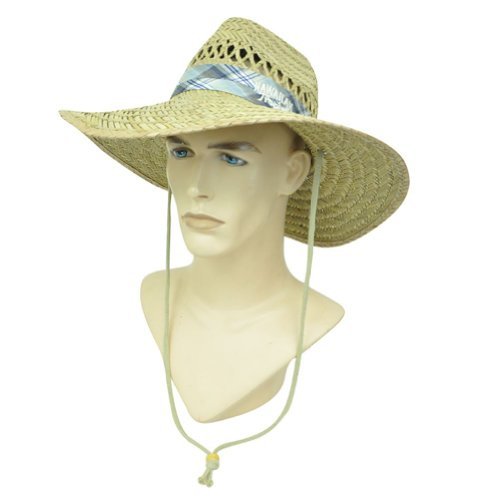 Hawaiian Tropic Large Wide Brim Chin Strap Floppy Plaid Beach Straw L/XL Hat Cap